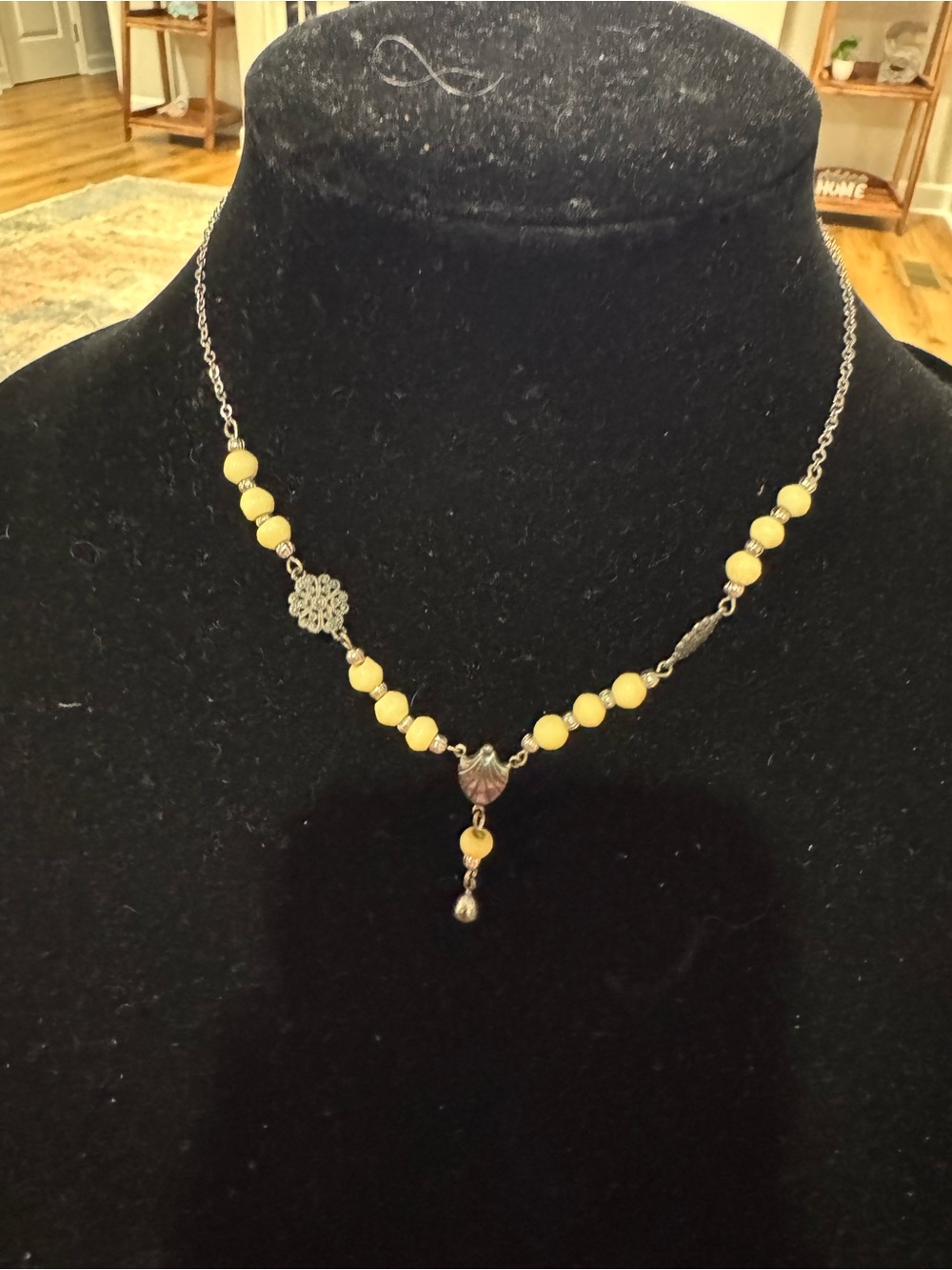 Yellow Beaded Silver-Tone Drop Necklace - Women Jewelry